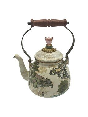 MacKenzie-Childs Courtly Check Retired Aurora Enamel Tea Kettle Farm Scenes VTG
